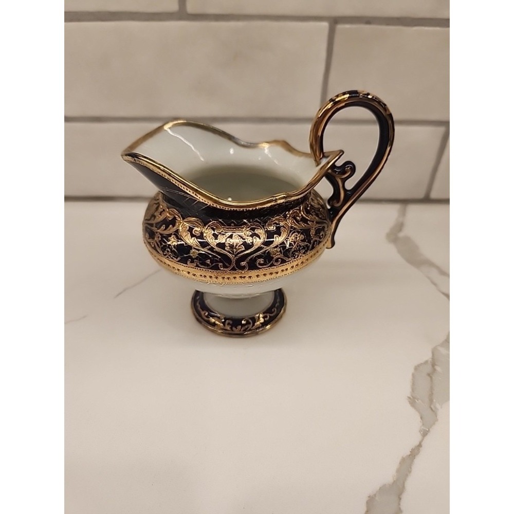 Vintage Creamer Cobalt Blue And Gold Gilt Raised Scroll Overlay Hand Painted